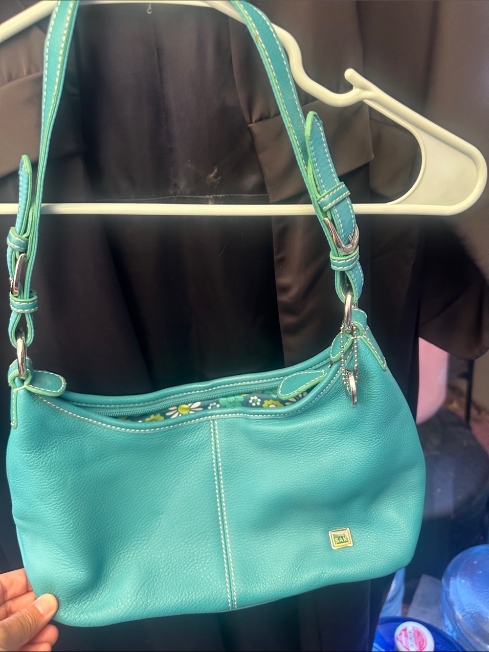 The Sak Turquoise Leather Shoulder Bag with Floral Trim